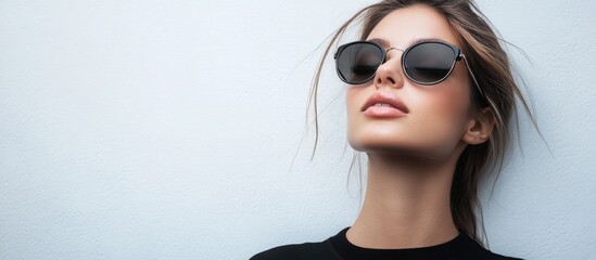 Fototapeta premium Fashionable woman in trendy sunglasses posing against a minimalistic white background ideal for text overlay and advertising purposes.