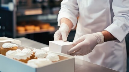 Cupcake Box Packaging in Bakery with Gloved Hands During Sweet Treat Production