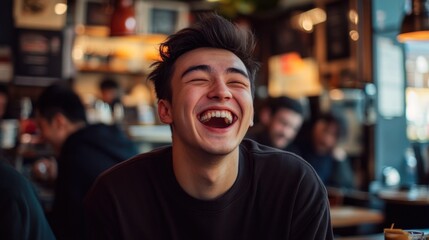 Joyful Young Man Laughing in a Cafe