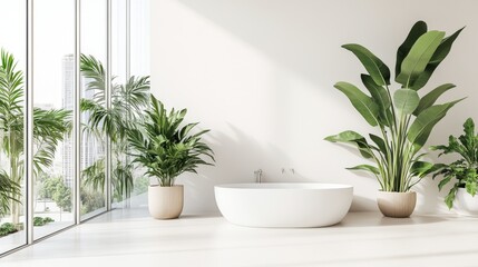 Modern bathroom with plants and natural light.
