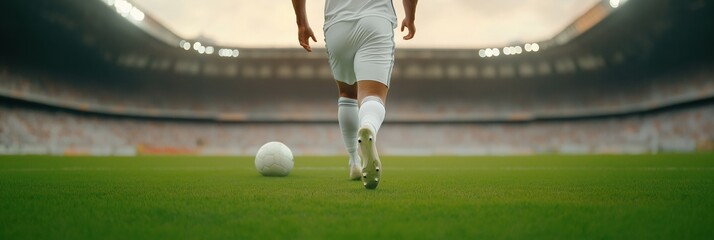 A soccer player is running on a field with a soccer ball. Concept of excitement and anticipation as the player prepares to kick the ball