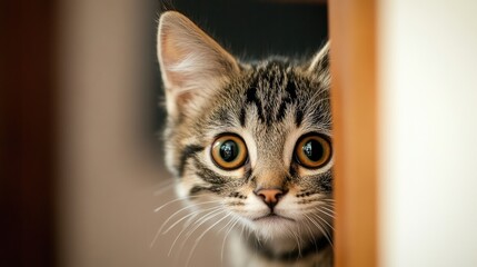 Curious striped juvenile kitten peeking around a corner indoors with wide eyes and an expressive face in a studio setting.