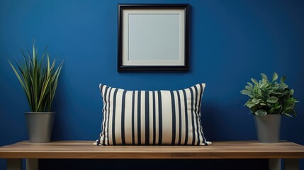 Striped pillow on wooden table with plants against blue wall featuring empty frame for interior decor and design inspiration