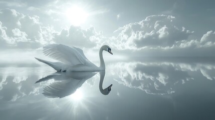 Elegant swan gliding on tranquil water with sky reflections and soft clouds in serene atmosphere