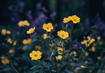 Stunning Yellow Flowers in a Dark Garden, Close-up View