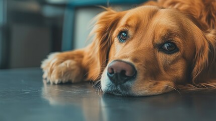 Golden retriever resting on a steel table in a veterinary clinic with a thoughtful expression and gentle eyes