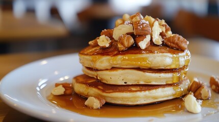 Fluffy pancakes topped with honey and a sprinkle of crunchy nuts on a white plate in a cozy dining setting
