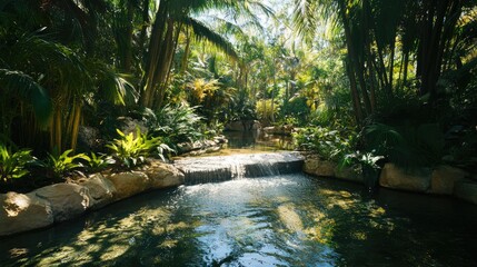 Naklejka premium Lush Rainforest Canopy Over Tranquil River Stream Surrounded by Tropical Foliage and Natural Beauty