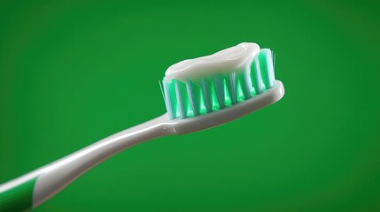 Toothbrush with Toothpaste on Bright Green Background for Oral Hygiene and Dental Care Concept