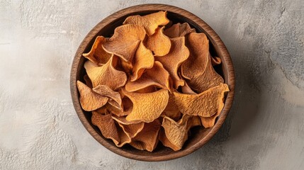 Fototapeta premium Winter snack bowl of crispy popcorn or corn chips arranged in a wooden bowl on a textured grey background with ample copy space