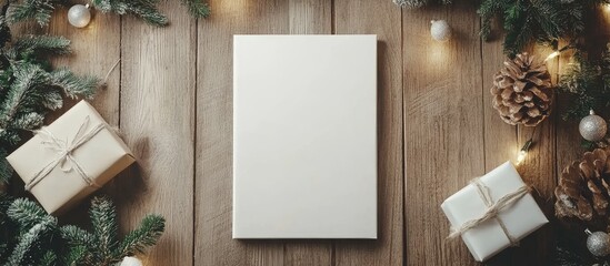 Gift box and holiday decorations on wooden table with blank space for text festive poster mock up seasonal greeting card backdrop