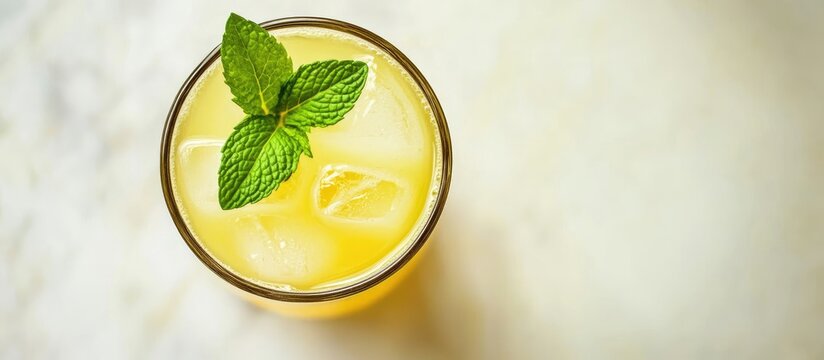 Refreshing orange juice with mint leaf garnishing a glass ideal for summer drinks and beverage promotions on marble background.
