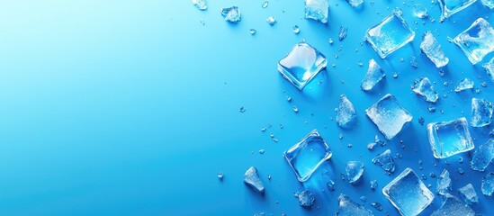 Melting ice cubes and shards on a vibrant blue background summer theme with ample space for text or design elements
