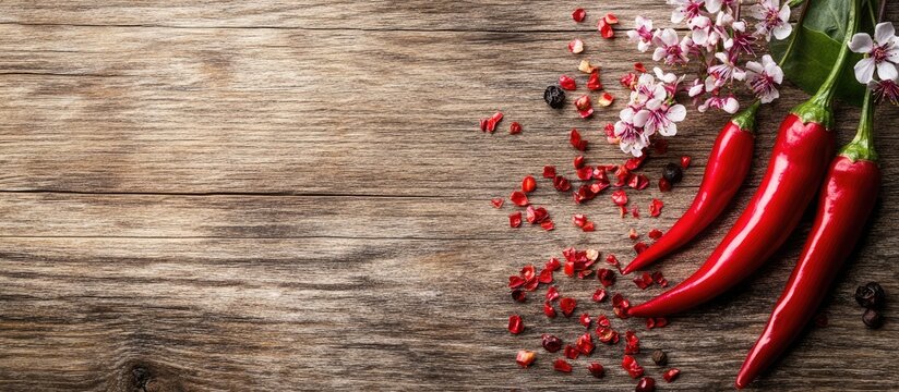Top view of red chilies and sakura capi pepper on rustic wooden table with scattered spices and floral accents for culinary presentations