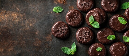 Top view of thin mint chocolate cookies arranged on a dark background with fresh mint leaves and space for promotional text