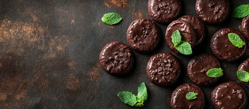 Top view of thin mint chocolate cookies arranged on a dark background with fresh mint leaves and space for promotional text