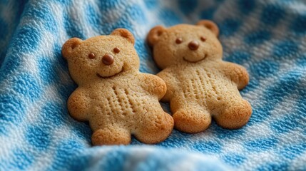 Cute Bear Shaped Cookies on Blue Kitchen Towel Freshly Baked Sweet Treats for Kids Delicious Snack Time Indulgence Homemade Dessert Ideas