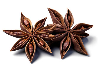Dried star anise arranged on a white background highlighting the unique star shape and texture