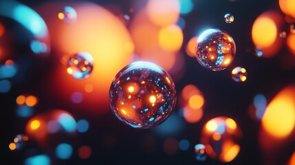 Illuminated Spheres Float in Vibrant Orange and Blue Light