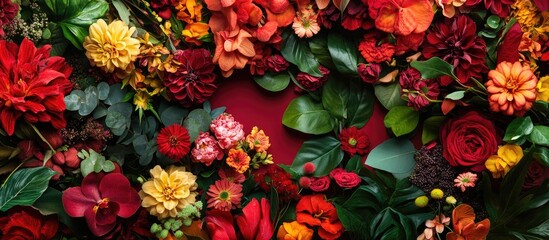 Colorful Floral Arrangement Flat Lay with Lush Blooms and Space for Text Overlay