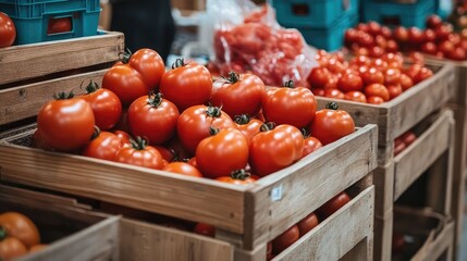 Fresh ripe tomatoes in wooden crates at a market showcasing vibrant colors and farm-to-table freshness for culinary inspiration