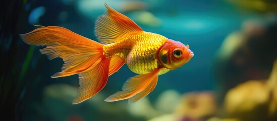 Fototapeta premium Vibrant goldfish swimming gracefully in a tranquil aquarium setting with clear space for adding text or designs