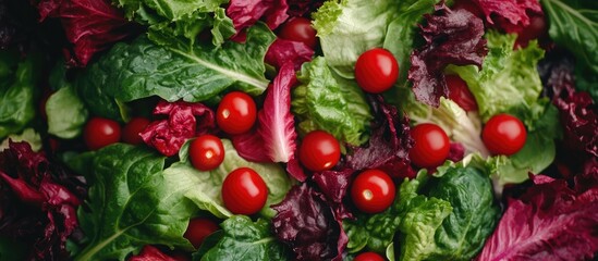 Fresh vibrant salad leaves with cherry tomatoes on a dark background ideal for healthy meal planning and nutrition-focused designs
