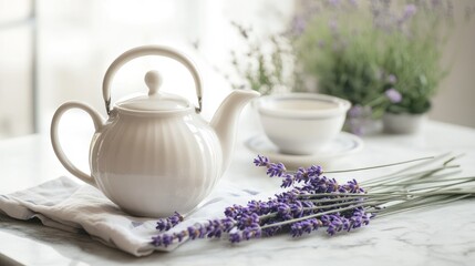 Elegant White Teapot with Lavender Flowers on Marble Tabletop in Cozy Setting