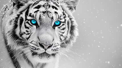 Majestic white tiger with striking blue eyes standing in snow during winter showcasing powerful beauty and serene environment.