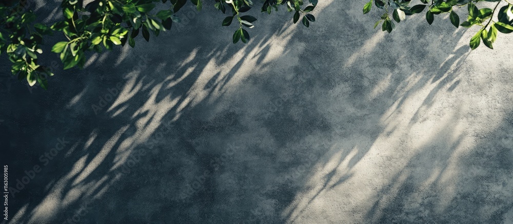 Poster Dark concrete texture background with tree leaf shadows and sunlight creating an empty space for text or design elements.