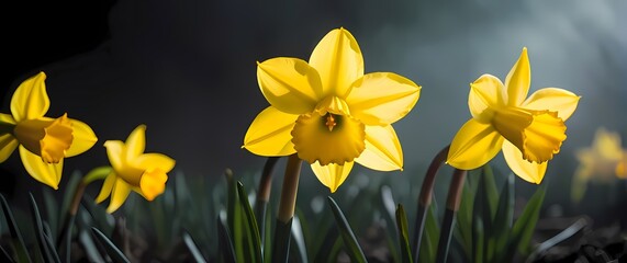 A close up of a bright yellow daffodil blooming in spring showcasing the colors and textures of new life
