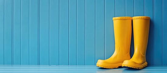 Bright yellow rubber boots against a vibrant blue wooden background with ample empty space for advertising or text placement.