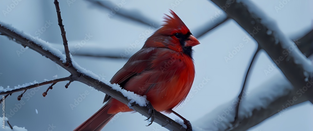 Wall mural A close up of a bright red cardinal perched on a snowy branch highlighting the contrast between vibrant color and winter white. Extremely detailed high resolution illustration.