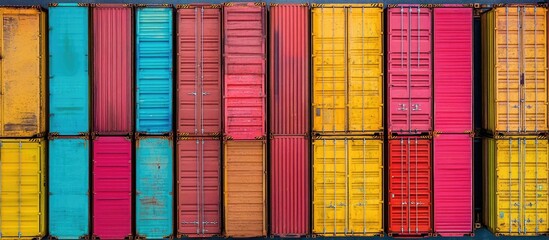 Fototapeta premium Colorful cargo containers arranged in a dock for shipping logistics and distribution with space for text on freight imports and exports