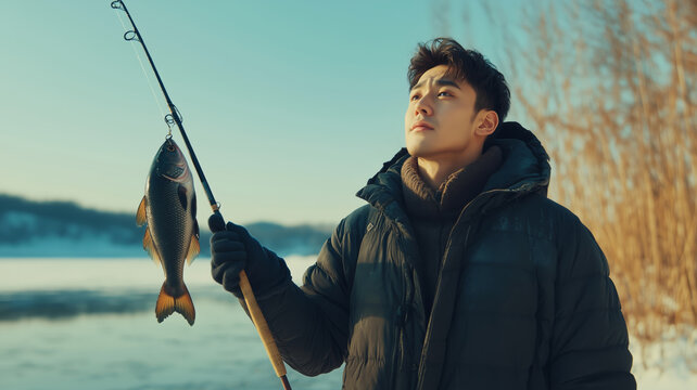 Joyful exploration by a lake as a fisherman enjoys the catch of the day