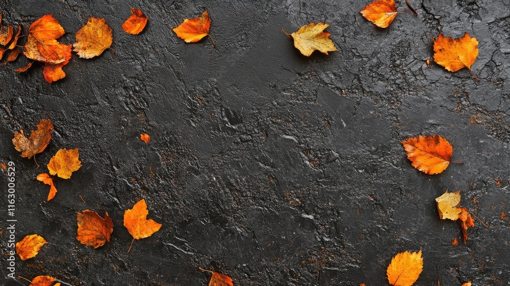 Poster autumn leaves scattered on textured asphalt surface creating a natural backdrop with empty space for