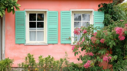 Charming Coral Cottage with Vibrant Green Shutters Surrounded by Lush Greenery and Colorful Blooms