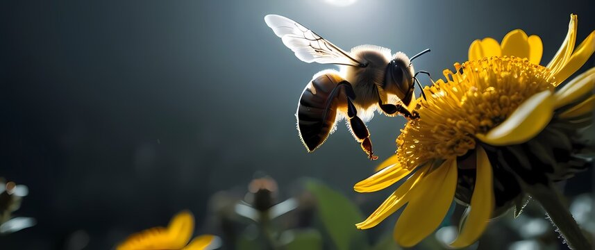 A close up of a bee pollinating a flower capturing the delicate balance of ecosystems and the importance of insects in nature. Extremely detailed high resolution illustration.