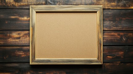 Corkboard frame on a rustic wooden wall background showcasing empty copyspace for notes or announcements in a vintage style design