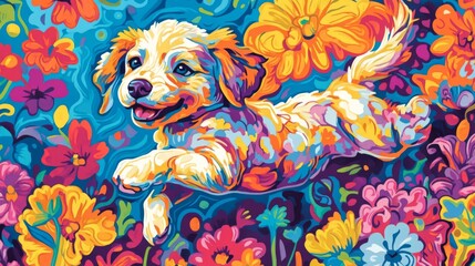 Obraz premium A Happy Puppy Amidst Vibrant Colorful Flowers