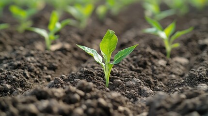 Fototapeta premium Close up of young corn maize plant sprouting in rich soil with blurred agricultural field in background representing growth and freshness