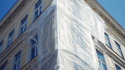 Building Corner Wrapped in Protective Plastic Sheeting for Renovation with Clear Blue Sky Background