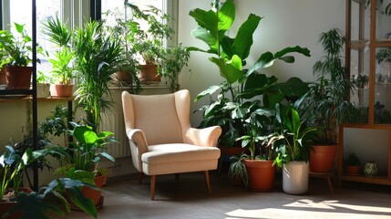 Cozy corner of a functional studio apartment featuring an elegant armchair surrounded by lush indoor plants and natural light