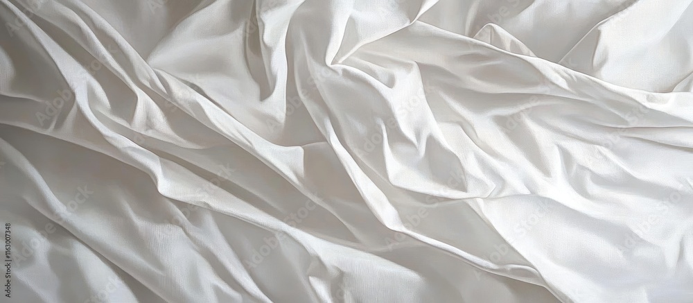 Poster textured white fabric background with soft folds and ample negative space for design or text overlay