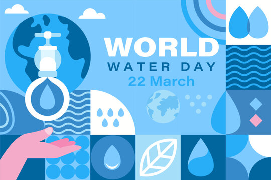 Banner for World Water Day, March 22. Holiday flyer with geometry minimalistic water drops,simple shapes of wave,leaf. Great for flyer,web poster,templates,cover design, label. Vector illustration.