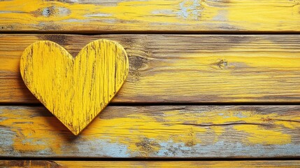 Yellow Heart Shape Wooden Decoration on Rustic Background for Valentine's Day or Love Theme Concept