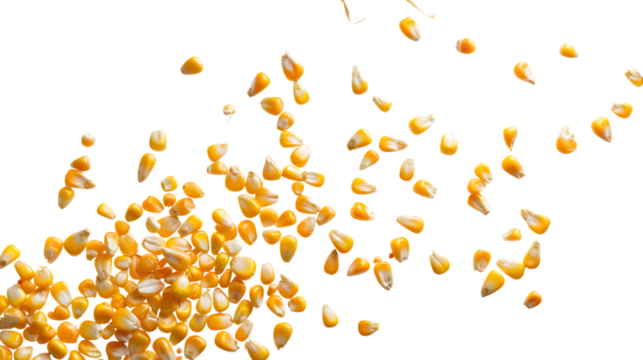 Flying corn kernels mid-motion, isolated on white background  - Powered by Adobe