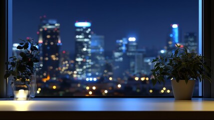 Obraz premium Night city view from window with potted plants.