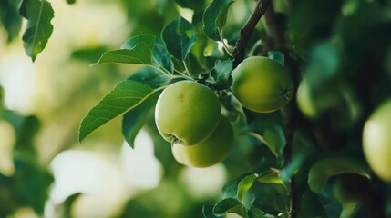 Obraz premium Close up of ripening green apples on a branch in a lush orchard showcasing juicy organic harvest and natural garden setting
