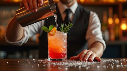 bartender pouring a colorful drink from a shaker into a glass